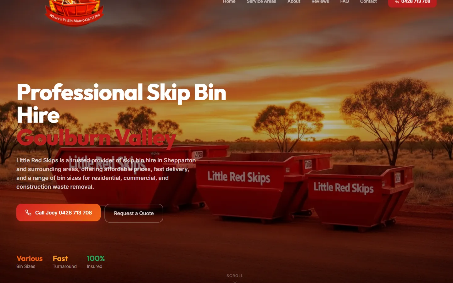 Little Red Skips website homepage showing red skip bins at sunset with a call button and quote request button