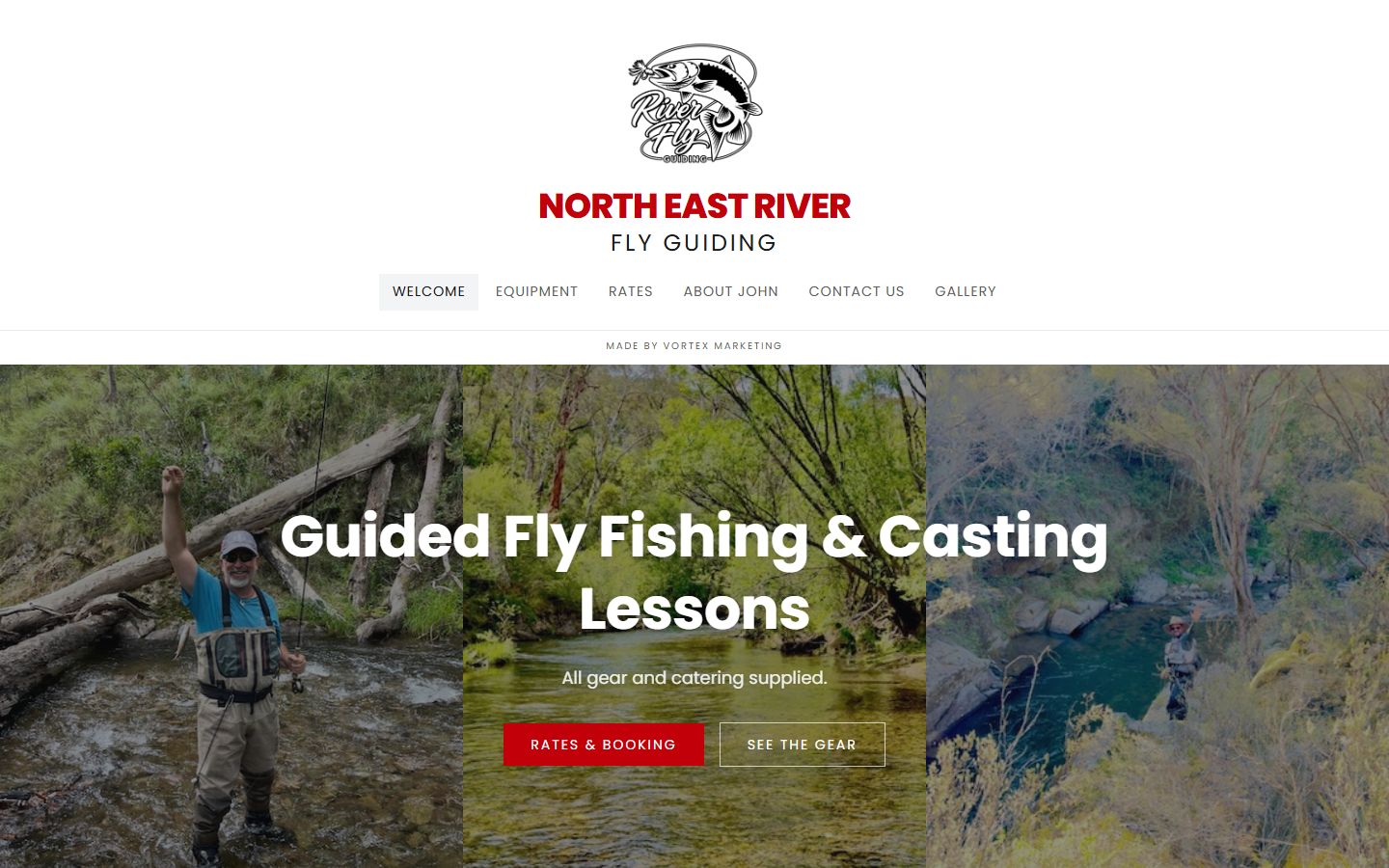 North East River Fly Guiding website homepage with the trout logo, river photos and Rates and Booking button