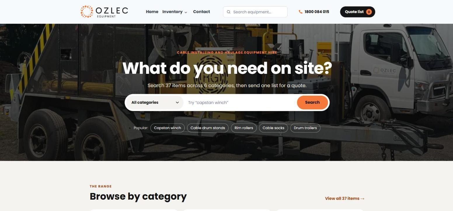 Ozlec Equipment website homepage with the headline What do you need on site? and an equipment search bar