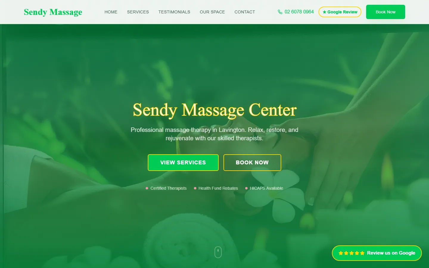Sendy Massage Center website homepage with a green relaxation theme, View Services and Book Now buttons