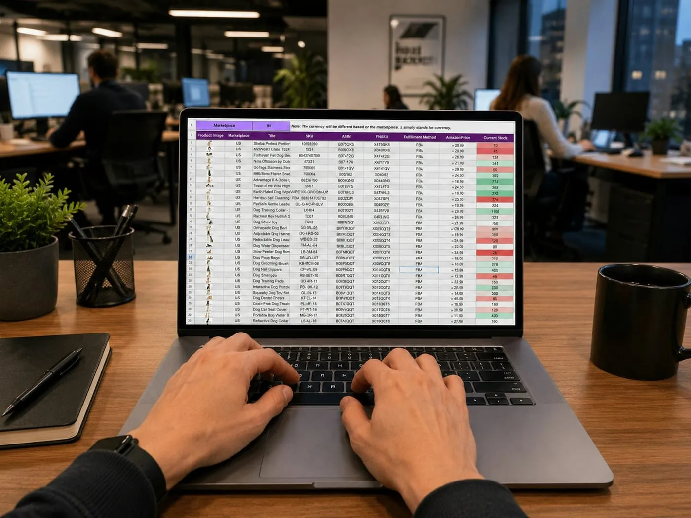Hands typing on a laptop showing a spreadsheet of campaign data