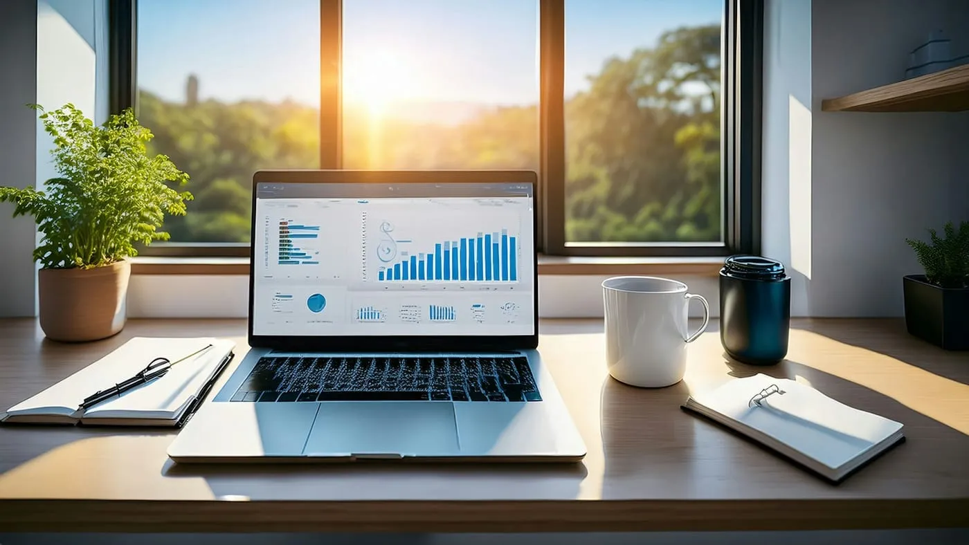 A laptop showing bar charts on a desk by a sunny window