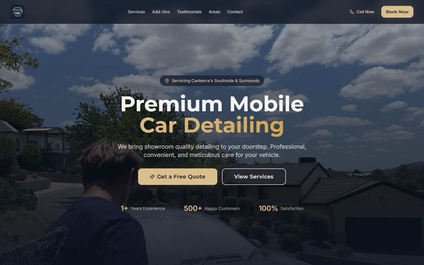 After: Canberra Southside Detailing website homepage with the headline Premium Mobile Car Detailing and a Get a Free Quote button