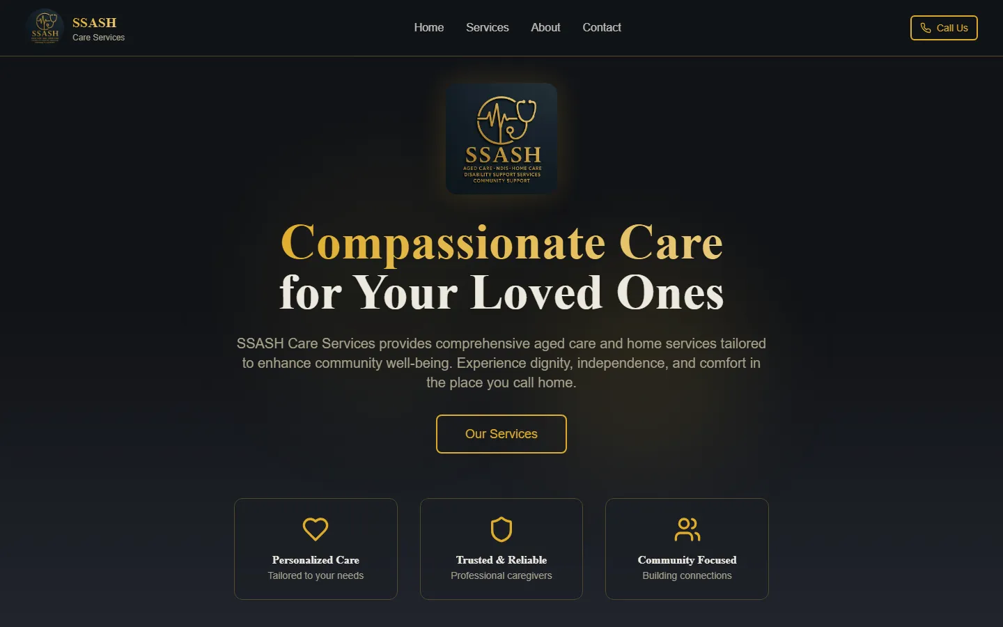 SSASH Care Services website homepage with the headline Compassionate Care for Your Loved Ones in gold and white