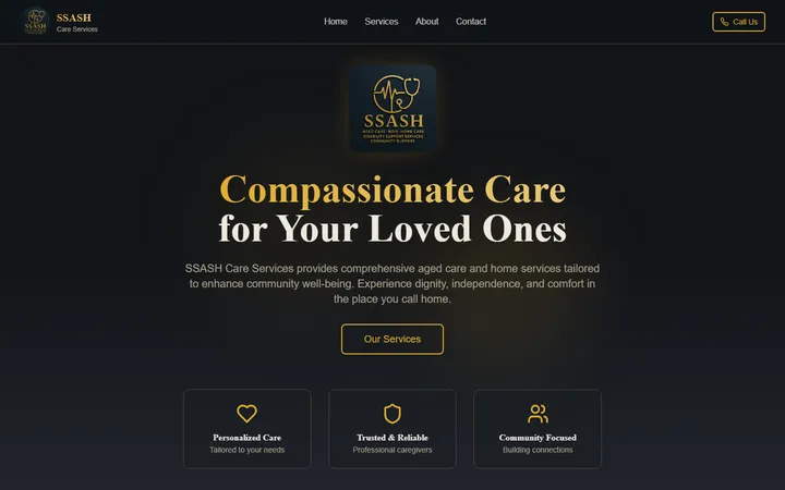SSASH Care Services website homepage with the headline Compassionate Care for Your Loved Ones in gold and white